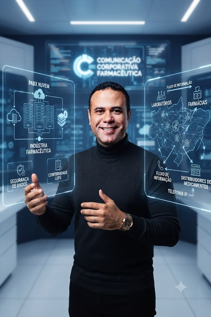 Joaldo Lima apresentando comunicação corporativa farmacêutica com PABX em nuvem, telefonia IP, LGPD e fluxo de informação