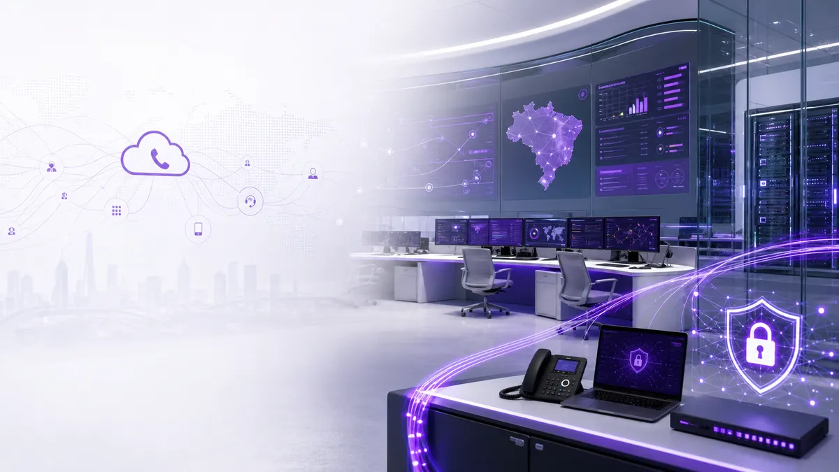 Ambiente de operação de telecom em nuvem com painéis de voz e rede