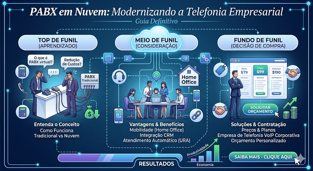 Infográfico sobre PABX em nuvem, funil de compra, vantagens, contratação e modernização da telefonia empresarial