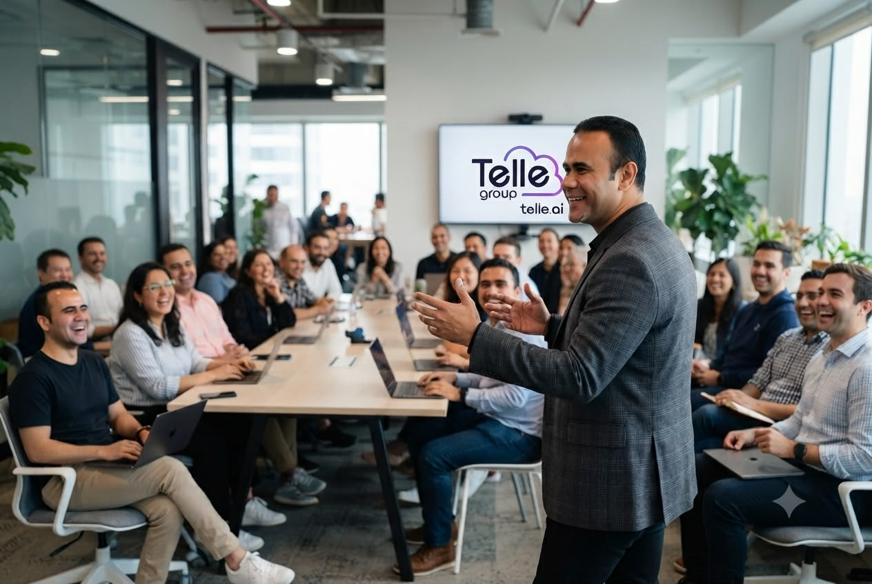Joaldo Lima apresentando soluções de roteamento de voz da Tellegroup para equipe de telecom