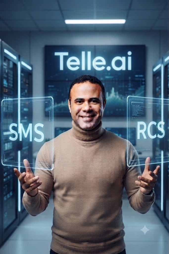 Joaldo Lima apresentando SMS e RCS em ambiente tecnológico da Tellegroup