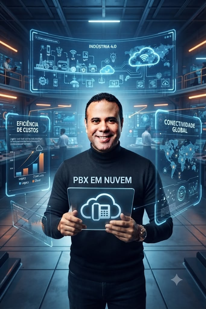 Joaldo Lima em ambiente industrial digital apresentando conectividade, nuvem e comunicação corporativa