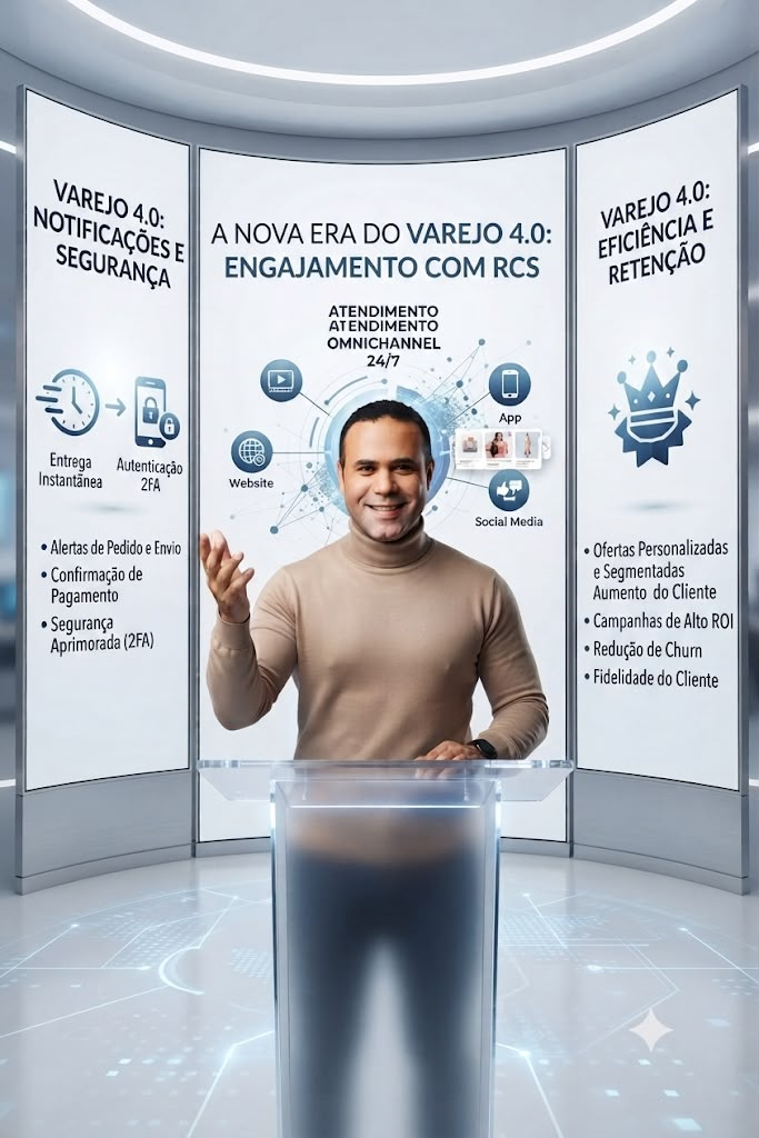 Joaldo Lima apresentando Varejo 4.0 com engajamento por SMS e RCS