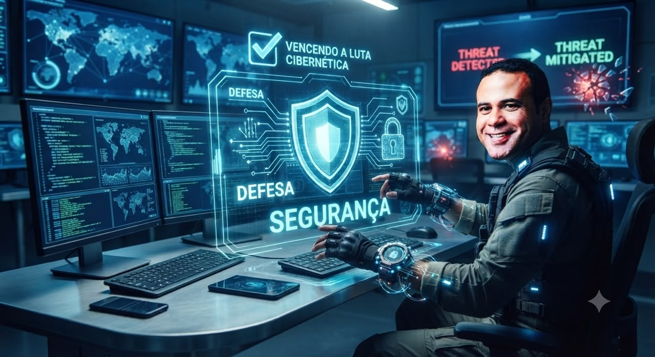 Profissional em central de segurança cibernética com painel de defesa digital e ameaça mitigada
